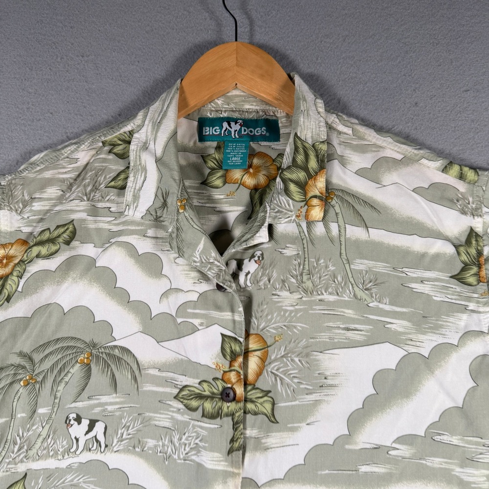 Big Dogs Mens Large Rayon Hawaiian Shirt Tropical Scenic Sage Green St Bernard - Picture 3 of 10
